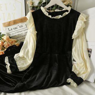 Two-tone Ruffle-trim Velvet Midi Dress Black - One Size