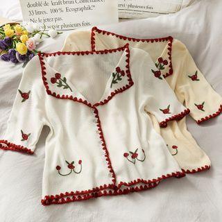 Cherry-embroidered Lapel Crop Knit Top