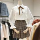 Set: Long-sleeve Top + Plaid Pleated Mini Skirt