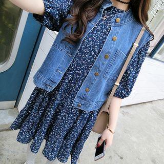Floral Print Elbow-sleeve Chiffon Dress