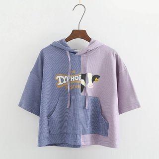 Mock Two-piece Elbow-sleeve Printed Hoodie As Shown In Figure - One Size