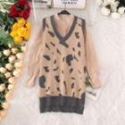 Set: Long-sleeve Blouse + Sleeveless Leopard Print Mini Knit Dress Blouse - Nude - One Size / Dress - Nude - One Size
