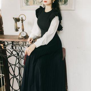 Long-sleeve Mock Two-piece Knit Midi Dress Black & White - One Size
