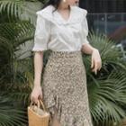 Set: Puff-sleeve Lace Trim Blouse + Floral Print A-line Skirt