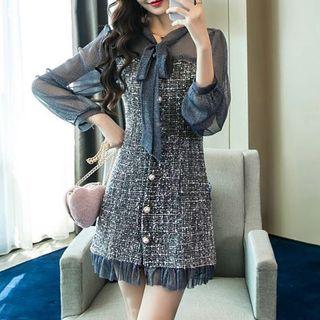 Mesh Panel Tie-neck Tweed Mini A-line Dress