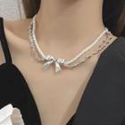 Faux Pearl Ribbon Layered Necklace Necklace - Silver - One Size