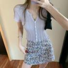 Split-neck Short-sleeve Knit Top / Flower Print Mini A-line Skirt