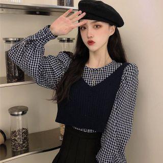 Set: Long-sleeve Plaid Blouse + Spaghetti Strap Knit Top