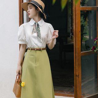 Set: Puff-sleeve Plain Shirt + High Waist Midi A-line Skirt