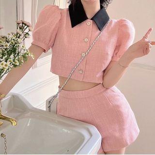 Puff-sleeve Cropped Jacket / Plain Shorts