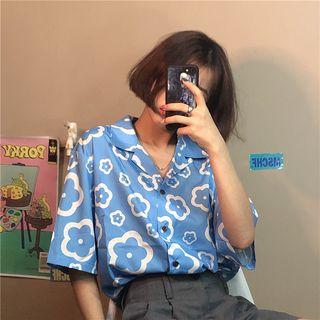 Flower Print Elbow-sleeve Shirt Blue - One Size