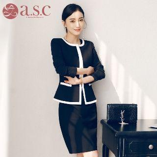 Set: Contrast-trim Blazer + Short-sleeve Dress