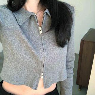 Plain Collared Zip-up Crop Top
