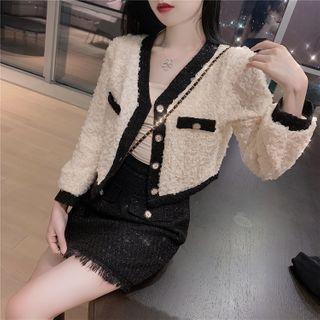 Contrast Trim Button-up Jacket / Fringed Hem Mini A-line Skirt