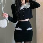 Contrast Collar Cropped Blouse / Mini Pencil Skirt