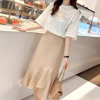 Set: Elbow-sleeve T-shirt + Checker Asymmetric Mermaid Skirt