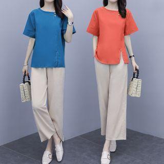 Set: Short-sleeve Slit-hem Top + Wide-leg Pants