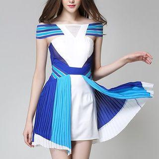 Off-shoulder Striped Panel Mini Accordion Pleated Dress