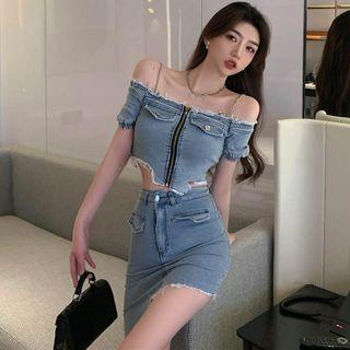 Set: Short-sleeve Off-shoulder Chain-strap Distressed Denim Crop Top + Mini Pencil Skirt