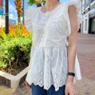 Frilled-sleeve Perforated Top White - One Size