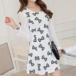 Bow Printed Long-sleeve Panel Dress