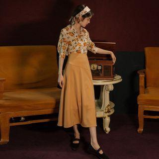 Set: Elbow-sleeve Floral Chiffon Shirt + A-line Midi Skirt