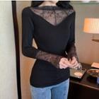 Long-sleeve Lace-panel Plain Top As Shown In Figure - One Size