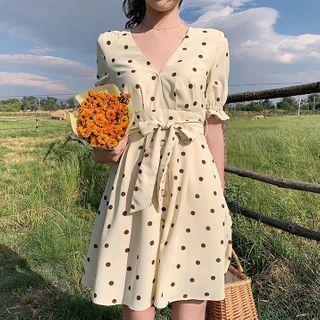 Short-sleeve Dotted Tie-waist A-line Dress
