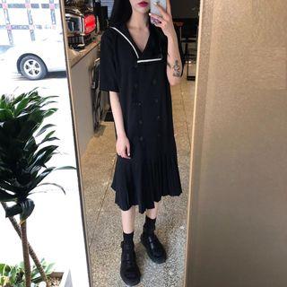 Sailor Collar Short Sleeve A-line Dress Black - One Size