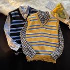 V-neck Color-block Striped Ripped Oversize Vest
