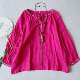 Long-sleeve Tie-neck Button-up Blouse