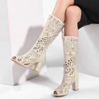 Peep-toe Perforated Genuine Leather Block Heel Tall Boots