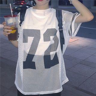 Number Print Mesh Elbow Sleeve Top