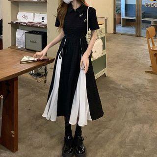 Short Sleeve Mesh Panel Asymmetrical Midi Qipao Dress
