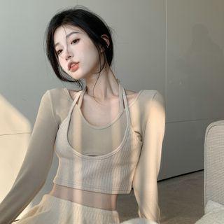 Long-sleeve Mock Two-piece Halter Crop Top / Wide Leg Pants