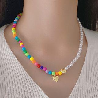 Faux Pearl Necklace Red & Orange & White - One Size