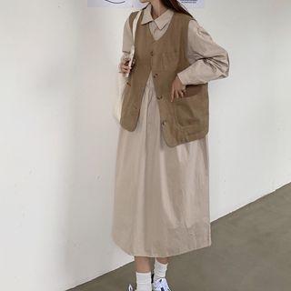 Midi A-line Shirtdress / Button Vest