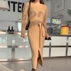 Slit-front Long Ribbed Knit Dress With Sash