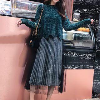Set: Melange Sweater + Pleated Midi Skirt As Shown In Figure - One Size