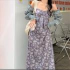 Long-sleeve Off-shoulder Floral Print Midi A-line Dress