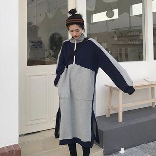 Color Block Long-sleeve Midi Dress Gray - One Size