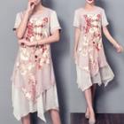 Mock Two-piece Short-sleeve Printed Midi Asymmetric Dress
