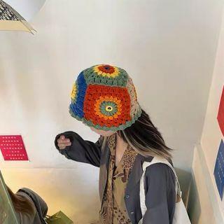 Flower Knit Bucket Hat Flower - Tangerine & Khaki - M