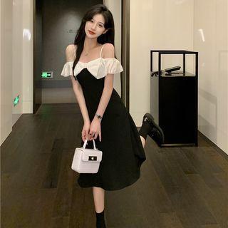 Two Tone Cold Shoulder A-line Midi Dress
