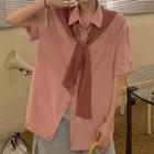 Set: Elbow-sleeve Plain Shirt + Shawl
