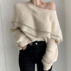 Cold-shoulder Ruffled Ribbed Sweater