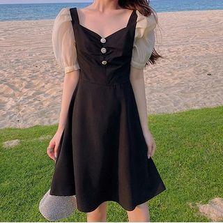 Contrast Puff Sleeve A-line Dress