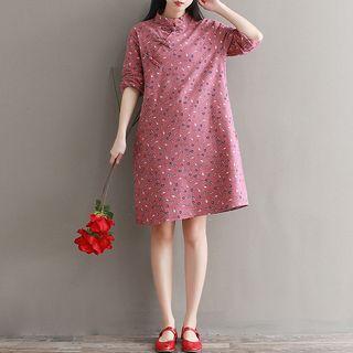 Long-sleeve Printed Qipao Dress