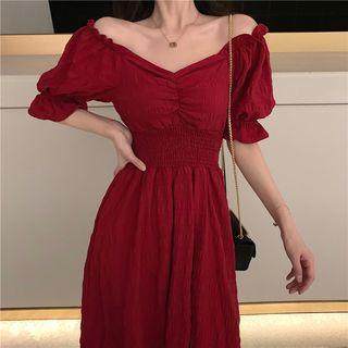 Elbow-sleeve Crinkled Midi A-line Dress As Shown In Figure - One Size