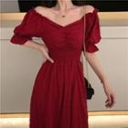 Elbow-sleeve Crinkled Midi A-line Dress As Shown In Figure - One Size